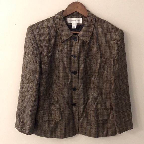 Jones New York Tan & Black Tweed Blazer black button front with pockets SZ 16 - Picture 1 of 12